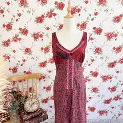 フランス製 Etam エタム ヴィンテージ ロングワンピース ボルドー×ブラック 花柄 ノースリーブ 総柄 レーストリム デザインドレス Vネック フラワープリント レトロクラシカル フレンチロマンティック