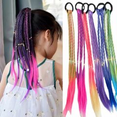 三つ編み 2本セット エクステ グリーン パープル ブルー ピンク グリーン×ピンク キッズ アレンジ 発表会 ヘアゴム
