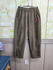 カーキエンブロイダリー起毛スパンデックスパンツ