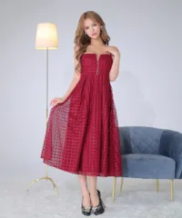 レッド[DE2974-R-2309]【DEA. by ROBE de FLEURS/ディアバイローブドフルール】フロントジッパー/ チュール/ キャミソール/ Aライン/ フレア/ ミモレ丈/ ミディアム丈/ ワンピース/ ミディアムドレス/ キャバドレス