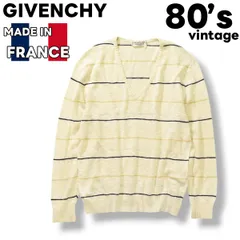 【希少】 80s ヴィンテージ フランス製 ジバンシー GIVENCHY Vネック コットン セーター 薄手 4 ボーダー柄 ベージュ メンズ
