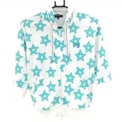 【美品】パーリーゲイツ ジップパーカー 白×ライトブルー 星柄 半端袖 ジャケット レディース 0(S) ゴルフウェア PEARLY GATES