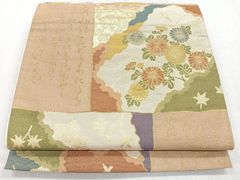 平和屋着物◎九寸名古屋帯 刺繍 草花文 鬼しぼ縮緬 正絹 逸品