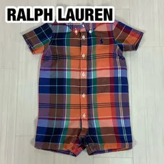 RALPH LAUREN ラルフローレン 半袖ロンパース ボタンダウン 刺繍ポニー 6M 70/44 70cm マドラスチェック オレンジ×ネイビー×ブルー×グリーン×レッド【古着】
