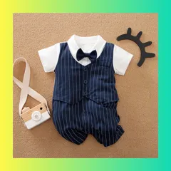 【新品】ベビーフォーマル セレモニー ロンパース 赤ちゃん ストライプ 半袖 ネイビー
