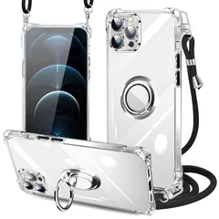 iPhone 12 Pro max ケース クリア ネック リング付き ショルダー 耐衝撃 対応 アイフォン12 pro maxスマホケース 肩掛け 斜めかけ 縄掛けケース 透明 TPU ストラップ付き 携帯ケース 薄型 軽量 紐付き 斜めがけ 織りストラ 0