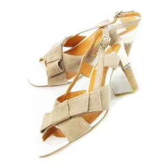 ランバンオンブルー LANVIN en Bleu ストラップサンダル スリングバック ハイヒール スエード レザー 革 リボン ラインストーン 23.5cm ベージュ /CK5 ■GY18