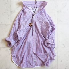 本日終了！割引クーポン発行中♪お買い逃しなく【Spick & Spanスピックアンドスパン】ロングルーズシャツ Fサイズ 紫×白 ストライプ柄 コットン100% オーバーサイズ