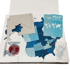 AT-164 3D Wood World Map 壁掛け木製世界地図 plywood English Lサイズ ピン 15個 ブルー
