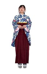 10-A×袴:臙脂(袴下帯:レモン×ブルー)_袴 LL [KYOETSU] [キョウエツ] 袴セット 二尺袖着物 花和柄 無地袴 3点セット(着物、袴、袴下帯) レディース (袴 LL, 10-A×袴:臙脂(袴下帯:レモン×ブルー))