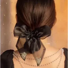 ヘアゴム パール入り ビッグ リボン シュシュ オーガンジー 透け感 コーデ エレガント