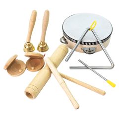[New Arrival] Regalo Educational Percussion Instrument Set, Kids' Wooden Toys, Perfect Gift, Includes Tambourine, Triangle, Castanets, Wood Block, Handbells, Music, Natural, 5 Types, 7 Pieces