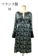 フランス製 レトロフラワー　ワンピース 七分袖 花柄 光沢感   M
