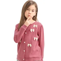 Bee【♪クーポン利用で20％OFF♪】リボンカーディガン◇胸リボン×モーヴピンク◇子供服 キッズ 女の子 トップス 100 110 120 130 140 150