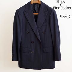 【中古品】Ships別注 Ring Jacket(リングヂャケット）6ボタンダブルスーツ Size:42 Col:ネイビーピンストライプ