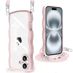 iPhone 16 Plus 用 ケース クリア ショルダー ストラップ付き アイフォン 16 Plus 用 カバー かわいい 波状フレーム 人気 耐衝撃 透明 iPhone16 Plus 用 スマホケース 首かけ 肩掛け 薄型 軽量 QIワイヤレス充電対 1