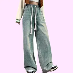 Size:M [UQQA] ウエストゴム ワイド ジーンズ デニムパンツ レディース ハイウエスト ゆったり ルーズ 細見え ストリート 股上深め 暑くない ヒップホップ ファッション 大人カッコイイ インディゴ 可愛い きれい 部屋着 おしゃれ 大きい M