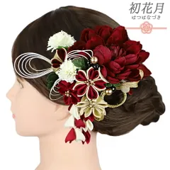 髪飾り 成人式 振袖 2点セット 赤 ワインレッド 白 緑 ゴールド つまみ細工 剣つまみ さがり 水引 和柄 ビーズ コーム Uピン 花 No.9-5428