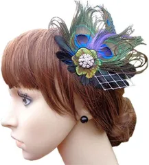 Queen-b 髪飾り 孔雀 クジャク 振袖 着物 成人式 羽 ヘア アクセサリー クリップ 羽飾り おしゃれ 上品 ドレス パーティー 18x18cm(グリーン,  18x18cm)