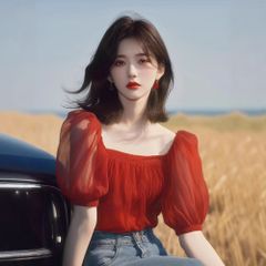 2025年春夏新作｜デザイナーズ感 レッドポロネック バルーンスリーブトップス｜スリムシルエット フォーマル＆カジュアル対応 プレゼント推奨｜レディース