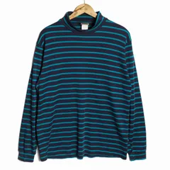 90's LLビーン LLBEAN ボーダー モックネック ロングスリーブ Tシャツ 長袖 (L位) 紺×ターコイズ系 無地 ロンT 90年代 旧タグ オールド 90's LLビーン LLBEAN ボーダー モックネック ロングスリーブ T