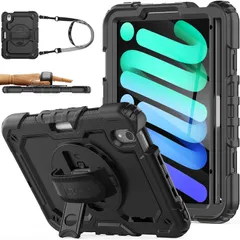 【在庫セール】耐衝撃 保護フィルム付き ケース ペン収納 Mini6 360°回転スタンド iPad ハンドストラップ stock ショルダーストラップ SEYMAC 全面保護カバー（ブラック）