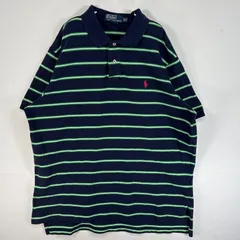 古着 90's/90年代 ポロバイラルフローレン Polo by Ralph Lauren 鹿の子 半袖 ポロシャツ ロゴ 刺繍 大きいサイズ 2ボタン XXL  ネイビー ボーダー メンズ