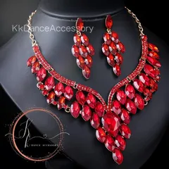 スカーレット ラディアンス ジェムストーン ネックレス ピアス ベリーダンス、社交ダンス、ラテン、煌びやか、卒業式、結婚式、ウェディングパーティー 発表会 カラオケ大会、オペラ、舞台、ショーアクセサリー  ゴージャス  美しいキラキラ きれい  コスチューム