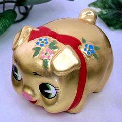 招福 金沢金箔貼｜陶器製　金豚ちゃん　中｜ぶた　ブタ