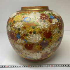 九谷焼 孝月造 大型飾り壺『金花詰』花入 花瓶 茶道具 高約33cm 共箱