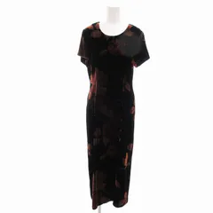 ローラアシュレイ LAURA ASHLEY 美品 ワンピース ベルベット 花柄 総柄 シルク混 半袖 ロング 9 M 茶 ブラウン 黒 /VU● 0129