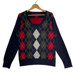 TOMMY HILFIGER トミーヒルフィガー アーガイル柄 セーター ニット Vネック ボーダー柄 CHINA製 XLサイズ ネイビー レッド グリーン