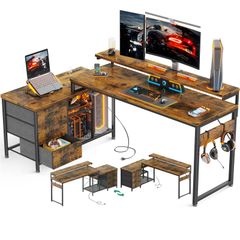 在宅勤務 仕事用 オフィスデスク 組立簡単 エル字デスク 収納 コーナーデスク 棚付き pcデスク 幅173*100 机 ビンテージ デスク l字デスク コンセント付き ゲーミングデスク 引き出し付き パソコンデスク ODK