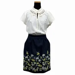 レストローズ L'EST ROSE Crystal Chic スタンド フリル カラー ワンピース レース シフォン 切替 レイヤード スカート 花柄 刺しゅう リボン 2 オフホワイト ネイビー マルチ レディース♪11