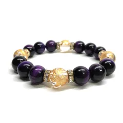 12mm 四神獣金彫水晶×パープルタイガーアイ パワーストーン ブレスレット天然石 運気上昇 金運 健康運 お守り 青龍 白虎 玄武 朱雀 （ゴールド）メンズ・レディース　男性・女性　数珠ブレス 開運 [15]　