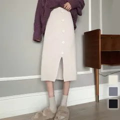 ボタンデザインスリットスカート レディース 10代 20代 30代 韓国ファッション 可愛い カジュアル 大人 ニット ゴム 春 秋 冬 ミモレ丈 黒