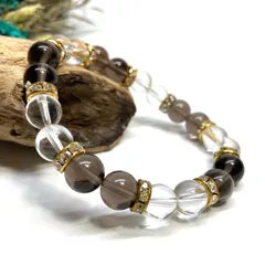 スモーキークォーツ&水晶 パワーストーン ブレスレット 天然石ブレス (ゴールド) 8mm レディース 女性  数珠ブレス 開運 プレゼント ギフト  [d]