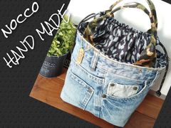 №674【DENIM❌️leopardHandle ToteBAG🩷】デニムリメイク巾着トートバッグ👖ヒョウ柄♫レオパード✨