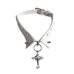 特別価格　ネックレス レザーチョーカー 黒 白 地雷系 レディース 量産型 パンク 襟 襟型 チョーカー 首輪 十字架 レザー 革 [Gablcad] ゴスロリ ゴシック シンプル