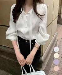 韓国風ボウタイブラウスレディースきれいめ