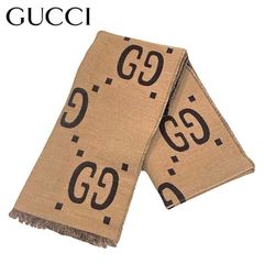 GUCCI グッチ ジャガードマフラー ウールマフラー シルク混 スカーフ ブラウン ベージュ