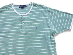 90s ポロ ラルフローレン ボーダー ヘンリーネック コットン 鹿の子 Tシャツ 薄緑×白 L★オールド ロゴ刺繍 ワンポイント ビッグサイズ