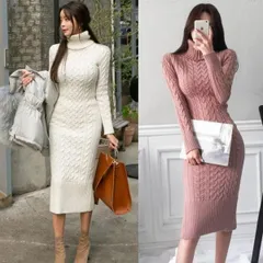 ニットワンピース ロング タートルネック スリット タイトワンピース ニット ピンク ブルー ベージュ ニットワンピ 長袖 ミモレ丈 ハイネック ccmlyq0913p948