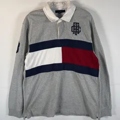 古着 トミーヒルフィガー TOMMY HILFIGER 長袖 ラガーシャツ デカフラッグ ワンポイント刺繍 ポロシャツ 大きいサイズ XL  グレー メンズ