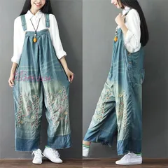 花柄刺繍 サロペット デニム ゆったり レディース オーバーオール ボ 綿 ワイドパンツ コットン オールインワン  vii2f072134