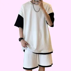 Size:L_Color:#035：ホワイト Tシャツ メンズ 半袖 ショートパンツ 上下 セット スポーツウェア ジャージ 無地 重ね着風 アップセット 部屋着 カジュアル 夏服 White L