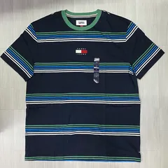 USAモデル TOMMY HILFIGER トミージーンズ TJ ストライプ バッジロゴTシャツ 紺 (R4F-11)