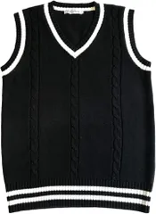 Lucky Charm ラッキーチャーム メンズ ベスト ニット フィット ニットベスト ビジネス カジュアル ゴルフ vネック 学生 ケーブル編み スクール 紳士 通学 ライン ボーイズ アウトドア 防寒 暖かい インナー(ブラック,  M)