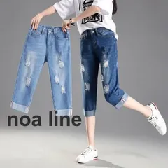 デニムパンツ レディース 七分丈 ポケット付き ダメージジーンズ ウエストゴム ジーパン ロールアップ ゆったり 着痩せ カジュアル おしゃれ 薄手 通勤 夏