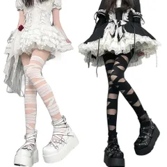 二枚入り 包帯 風 オーバーニーハイソックス ストッキング ニーハイ ソックス ブラック/ホワイト 22-25cmサイハイソックス ニーハイ ソックス ストッキング レディース 綺麗 可愛い かわいい 女性 ソックス 靴下 コスプレ 包帯 ロリィタ ロリータ